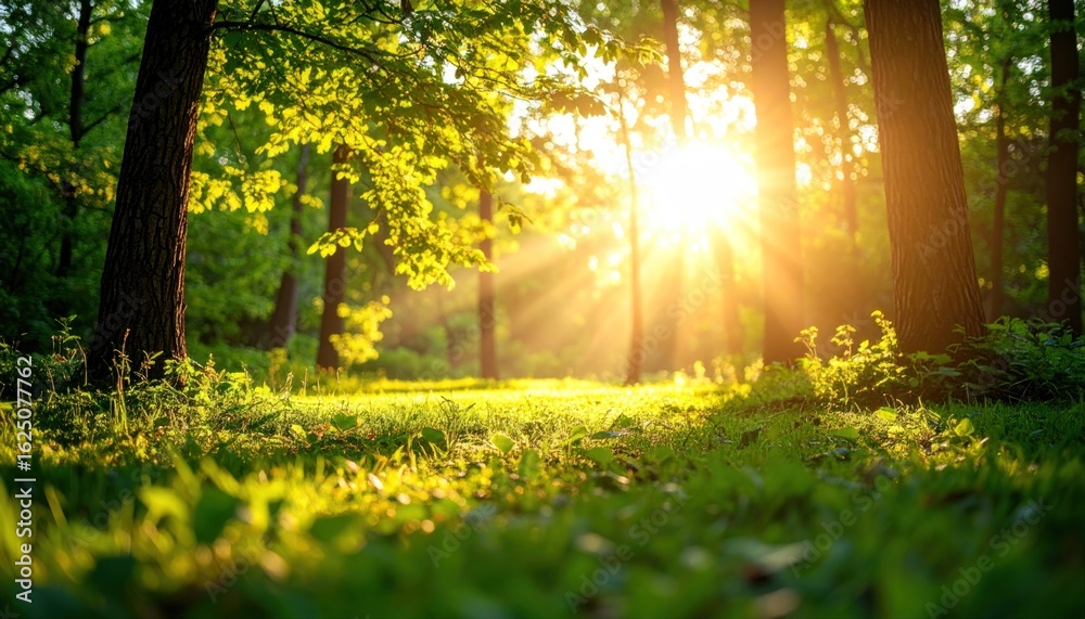 Fototapeta premium Sun-drenched Forest Floor: Golden Light Through Lush Greenery.