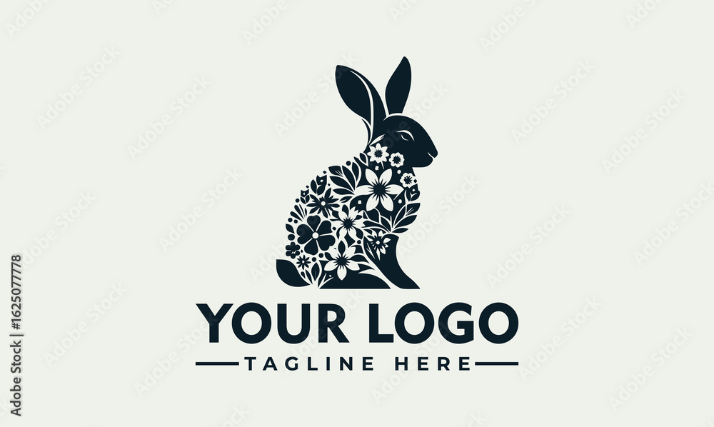 Obraz premium A stylized rabbit silhouette filled with floral patterns, presented as a logo design on a light background.
