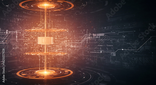 Futuristic glowing energy core powering advanced technology circuit board