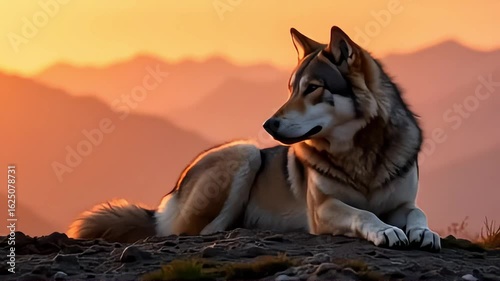 Beautiful wolf dog resting on mountain during sunset with scenic view

