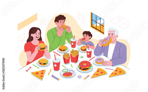 Family Enjoying a Fast Food Feast Together: Burgers, Pizza, Fries, and Donuts in a Whimsical and Colorful Vector Illustration