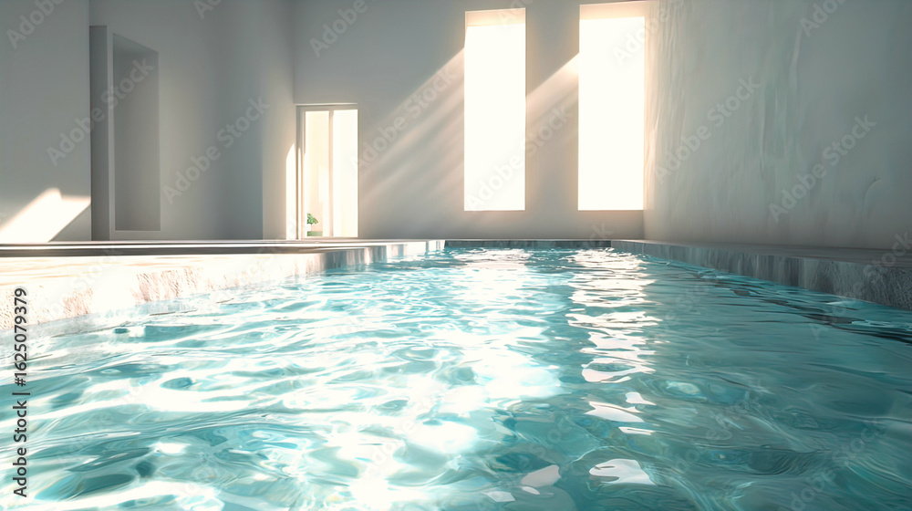 Fototapeta premium AI Generated - Indoor swimming pool in the middle of a room, with a wall and windows in the background. Professional stock photography for commercial use. High-resolution. Premium quality. -