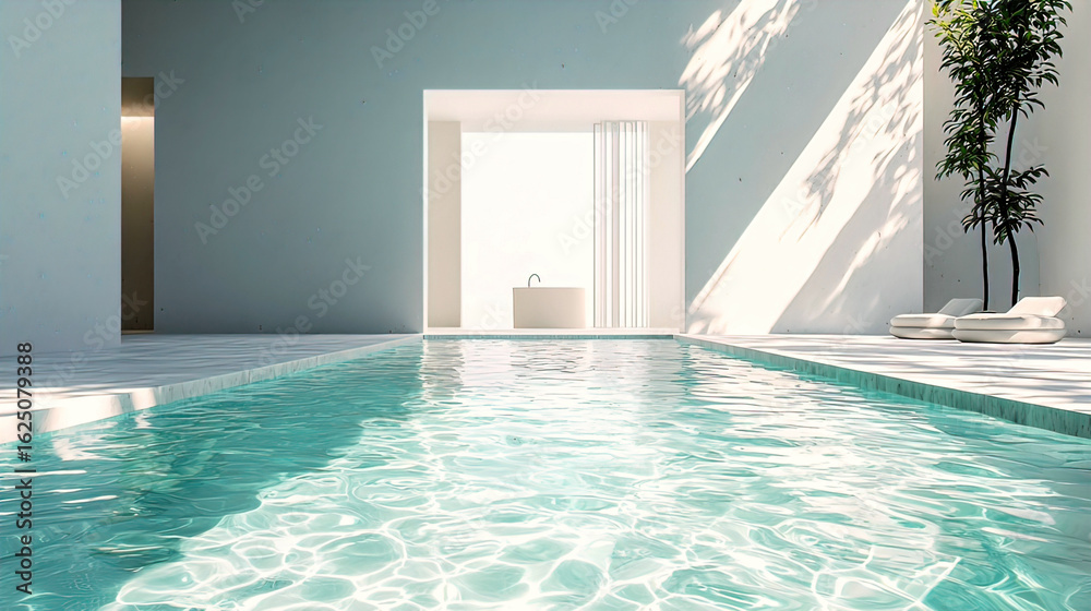 Fototapeta premium AI Generated - Indoor swimming pool in a room with blue walls and white furniture, including a houseplant, two chairs, and a bathtub. Professional stock photography for commercial use. - Professional