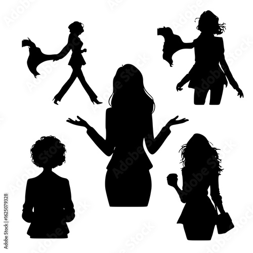 Elegant female silhouettes in stylish poses—walking, gesturing, accessorized with scarf and coffee cup. Perfect for fashion, lifestyle, branding, and editorial design projects.
