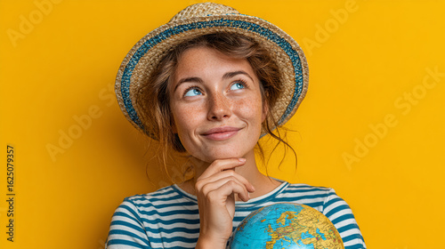 Smiling young woman in hat holding globe against yellow background. Travel planning and wanderlust concept.