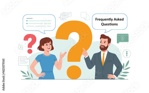 Answering Questions: Two People and a Question Mark Discussing FAQs, Customer Service, and Information, with Cartoon Style Graphics and Speech Bubbles.