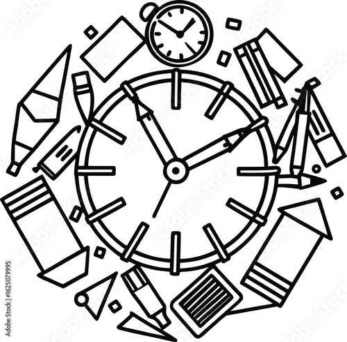 Black and white stationery items arranged in a circle around a clock pencil marker
