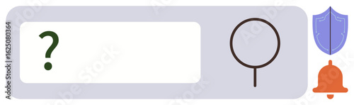 Search bar with question mark, magnifying glass for inquiry, shield for protection, and bell for alerts. Ideal for internet search, security, notifications, exploration, support guidance simple