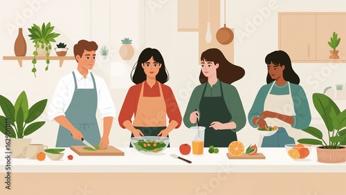 Diverse Friends Prepare Healthy Salad and Juice in Modern Kitchen