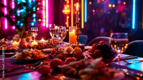 Festive dinner setup with glowing neon lights and candlelit setting for a celebration