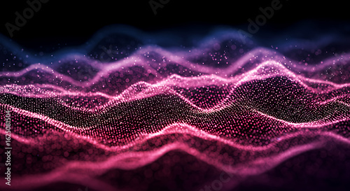 Abstract glowing digital waves of pink and purple particles on a dark background