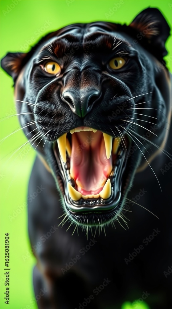 Obraz premium Ferocious black panther growls intensely against a vibrant green background outdoors