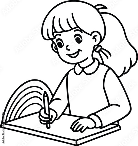 Girl drawing rainbow on sketchpad with crayons on white background vector