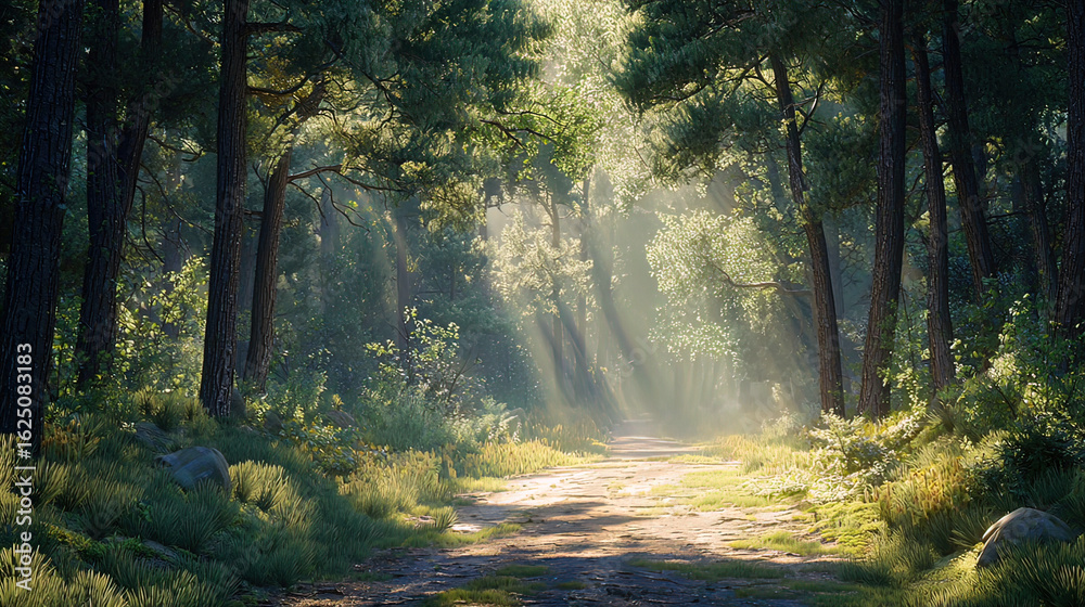 Naklejka premium AI Generated - Path winding through a lush green forest, with tall trees on either side. Professional stock photography for commercial use. High-resolution. Premium quality. Professional grade.