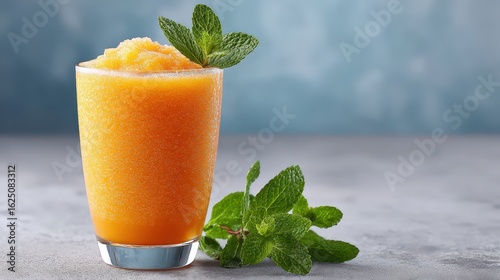 A refreshing orange slush in a glass garnished with mint leaves, perfect for a warm day.