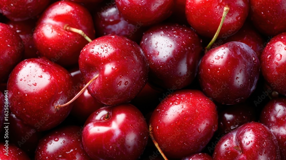 A vibrant collection of fresh, plump red cherries glistening with water droplets, symbolizing freshness, health, and the sweetness of summer fruits in vivid colors. A vibrant collection of fresh, plump red cherries glistening with water droplets, symbolizing freshness, health, and the sweetness of summer fruits in vivid colors.