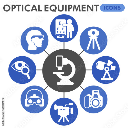 Optical equipment symbols collection or sketches, optics production theme glyph bubbles in thin line style signs for web and app. Vector graphics isolated on white background.