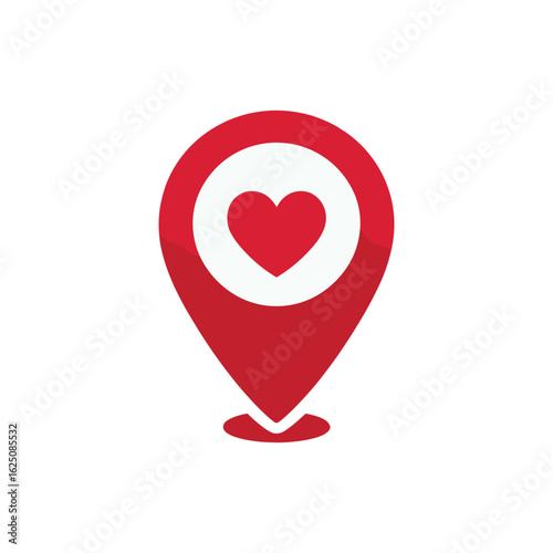 Red location pin with a heart symbol, representing love or care in a digital map context