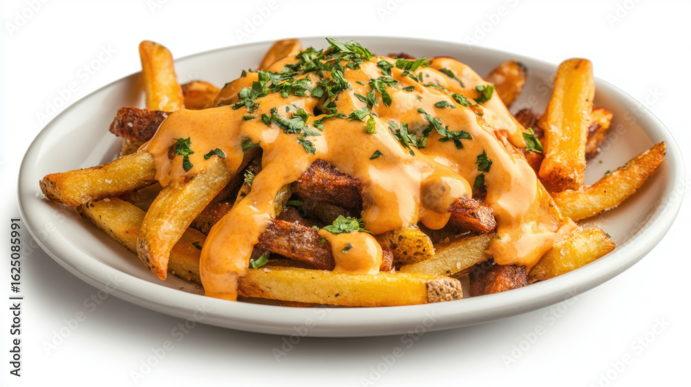 Messy Chili Cheese Fries on a white Background. cheddar and bacon fries dish.
Messy Chili Cheese Fries on a white Background. cheddar and bacon fries dish.