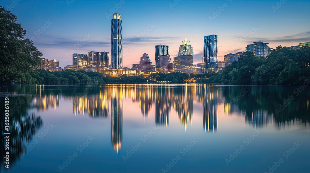 Obraz premium AI Generated - Atlanta skyline at dusk, with the reflection of the buildings and trees in the water below. Commercial illustration artwork for business applications. High-resolution. Premium quality.