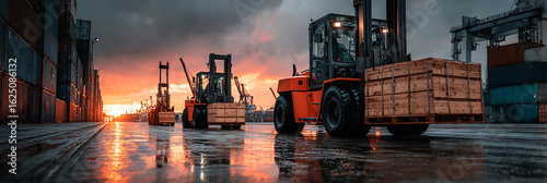 Wallpaper Mural Forklifts transporting crates at industrial shipping yard at sunset Torontodigital.ca