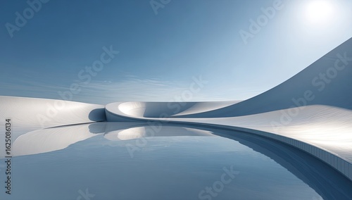 Abstract white architecture landscape reflects in a calm pool. Sunlight illuminates a serene scene
