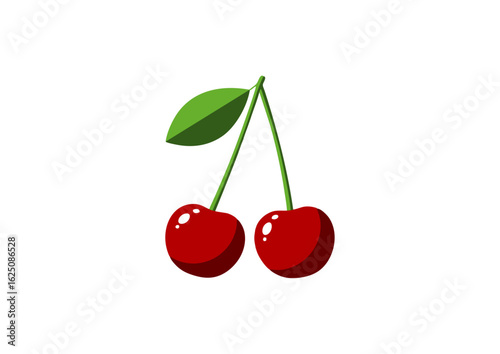 Vector of two red cherries with green stem.
