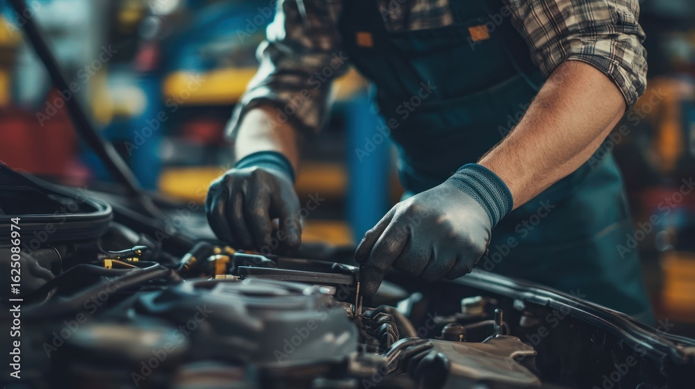 A mechanic working on a car engine in a workshop. A mechanic working on a car engine in a workshop.
