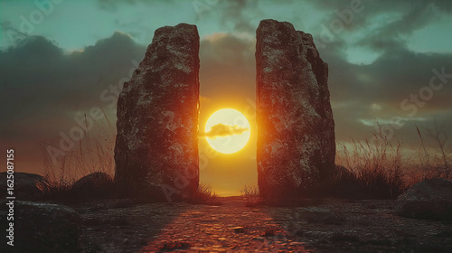 AI Generated - Stunning sunset over a stone circle in the middle of a field, surrounded by lush green grass and rocks. Professional stock photography for commercial use. High-resolution. Premium.