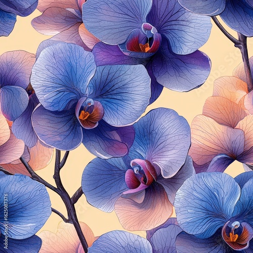 Watercolor orchid flower plant flora bloom botany seamless pattern ornament design tile