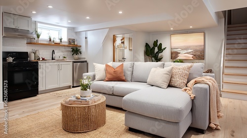 Cozy basement living room with kitchenette, showcasing interior design elements and functional living space