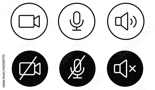 Speaker, mic and video camera icon set, Conference icon set, Mute and unmute symbols, Microphone, video, audio sound, mute, off concept