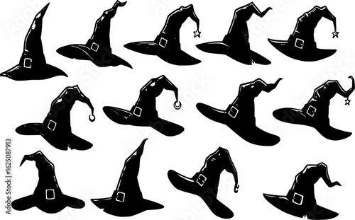 vector set of Illustration of different witch hats isolated on white
