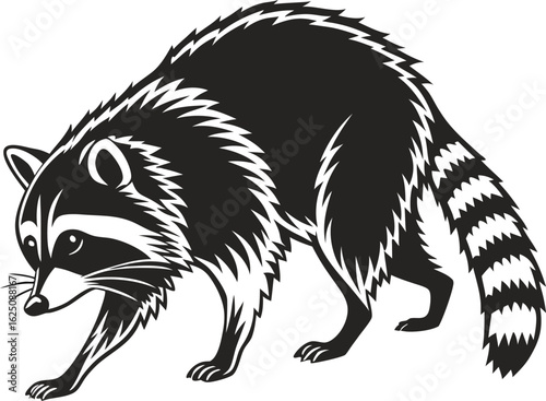 Raccoon walking silhouette isolated on white background