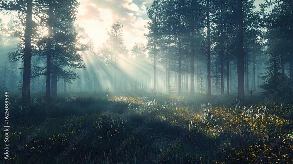 Fototapeta premium AI Generated - Lush green forest with sunbeams shining through the trees, illuminating the grass and plants with vibrant yellow flowers. Professional stock photography for commercial use. -
