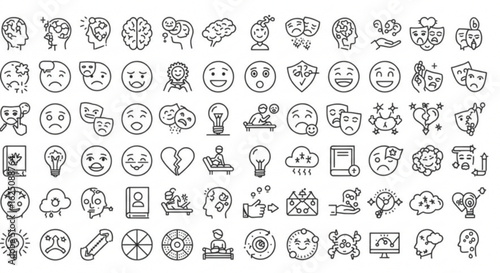 Collection of mental health and emotional well being icons in outline style representing therapy needs vreated with genrated ai