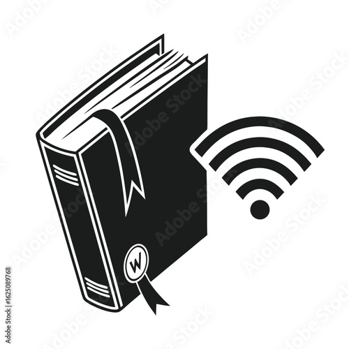 Silhouette of a classic book with a bookmark and a Wi-Fi symbol representing online learning and digital library access.