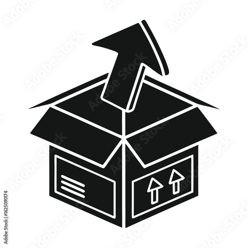Black silhouette icon of a delivery box with an upward arrow symbolizing sending, shipping, or dispatching a package. Logistics and e-commerce vector.