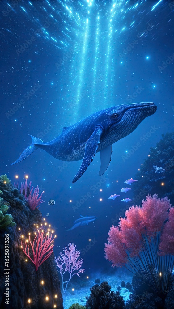 Fototapeta premium A bright blue whale swimming in a bioluminescent ocean with fluorescent corals around