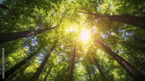 AI Generated - Sun shining through the trees in a forest, illuminating the sky with its bright light. Professional stock photography for commercial use. High-resolution. Premium quality. Professional.