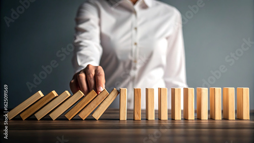 “Hand Preventing Domino Collapse – Symbol of Crisis Management, Intervention, and Decision-Making”