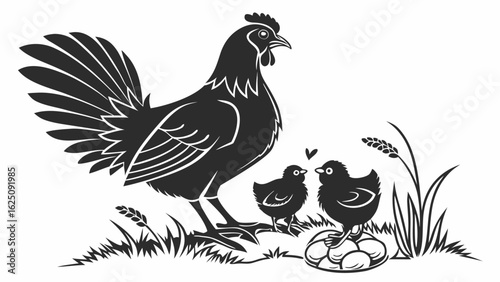 Poultry family set showing a loving group of chickens and baby chicks