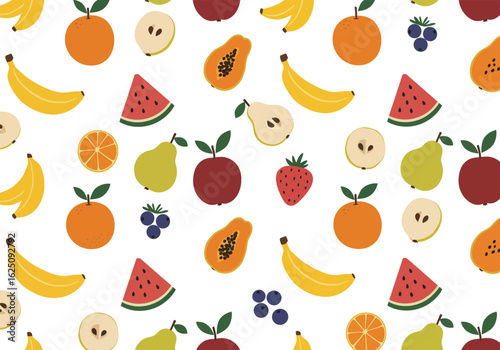 Seamless pattern of various fruits isolated on white background, a vibrant and summery design for textile, wallpaper, and various creative and decorative projects
