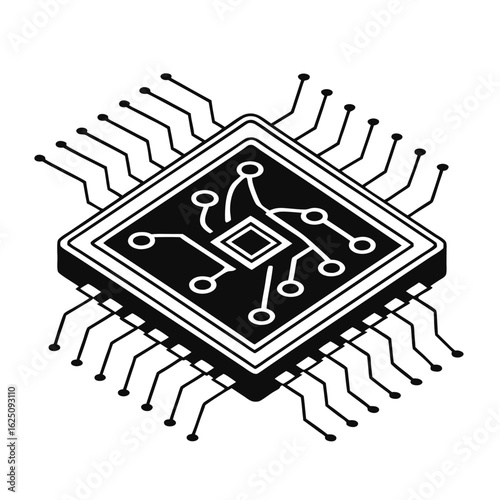 Isometric silhouette of a microchip with circuit lines. Black vector illustration of a computer processor hardware icon.