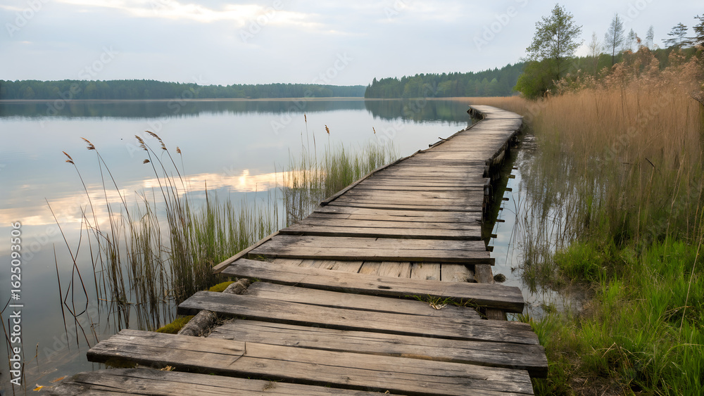 Obraz premium Rustic wooden boardwalk by a lake
