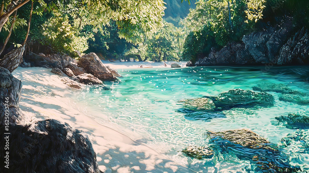 Fototapeta premium AI Generated - Beautiful tropical beach with crystal clear water, white sand, and lush green trees. Professional stock photography for commercial use. High-resolution. Premium quality. Professional.