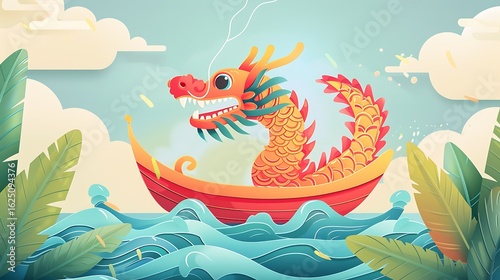 A dragon boat races on the river during the dragon boat festival event