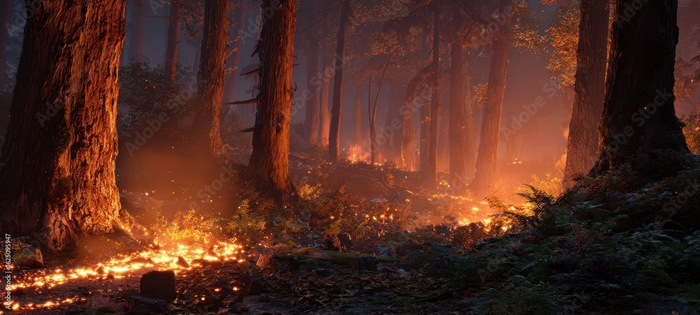 The Enigmatic Forest Illuminated by Glowing Embers and Smoke The Enigmatic Forest Illuminated by Glowing Embers and Smoke