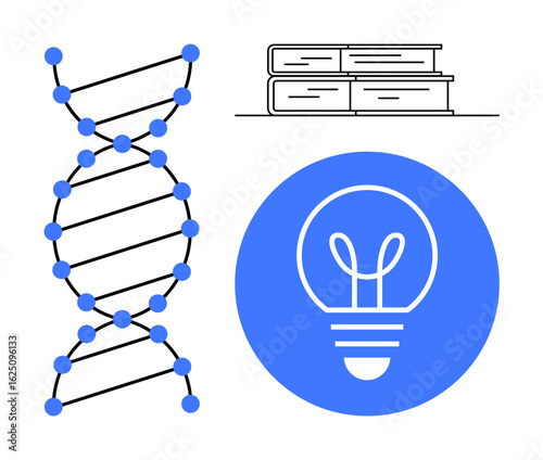 DNA strand connected by blue dots, two stacked books, and a blue circle with a glowing light bulb. Ideal for science, research, innovation, education, knowledge, creativity simple landing page