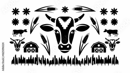 Black and white vector illustration of a farm scene with a cow barn wheat flowers and grass design element silhouette
